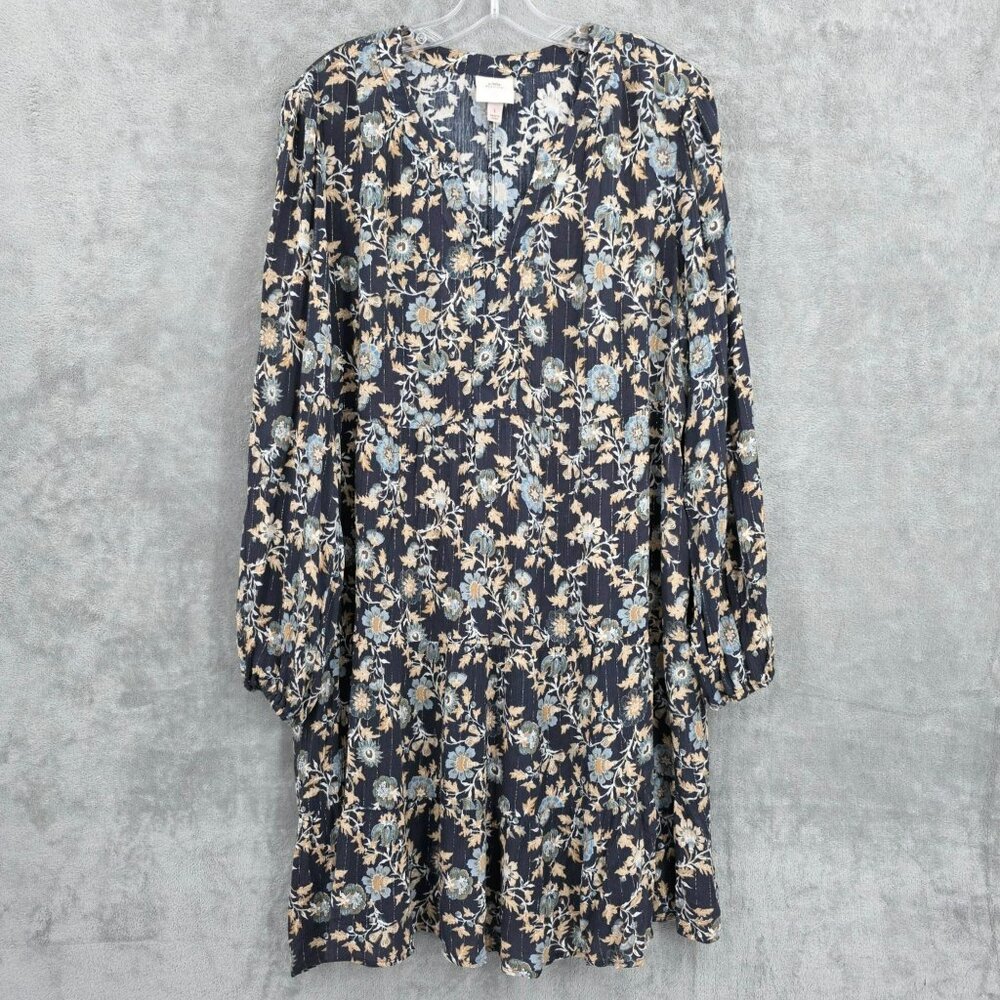 Knox Rose Tiered Shift Dress L Blue Floral Metallic Gold Stripe Boho Long Sleeve